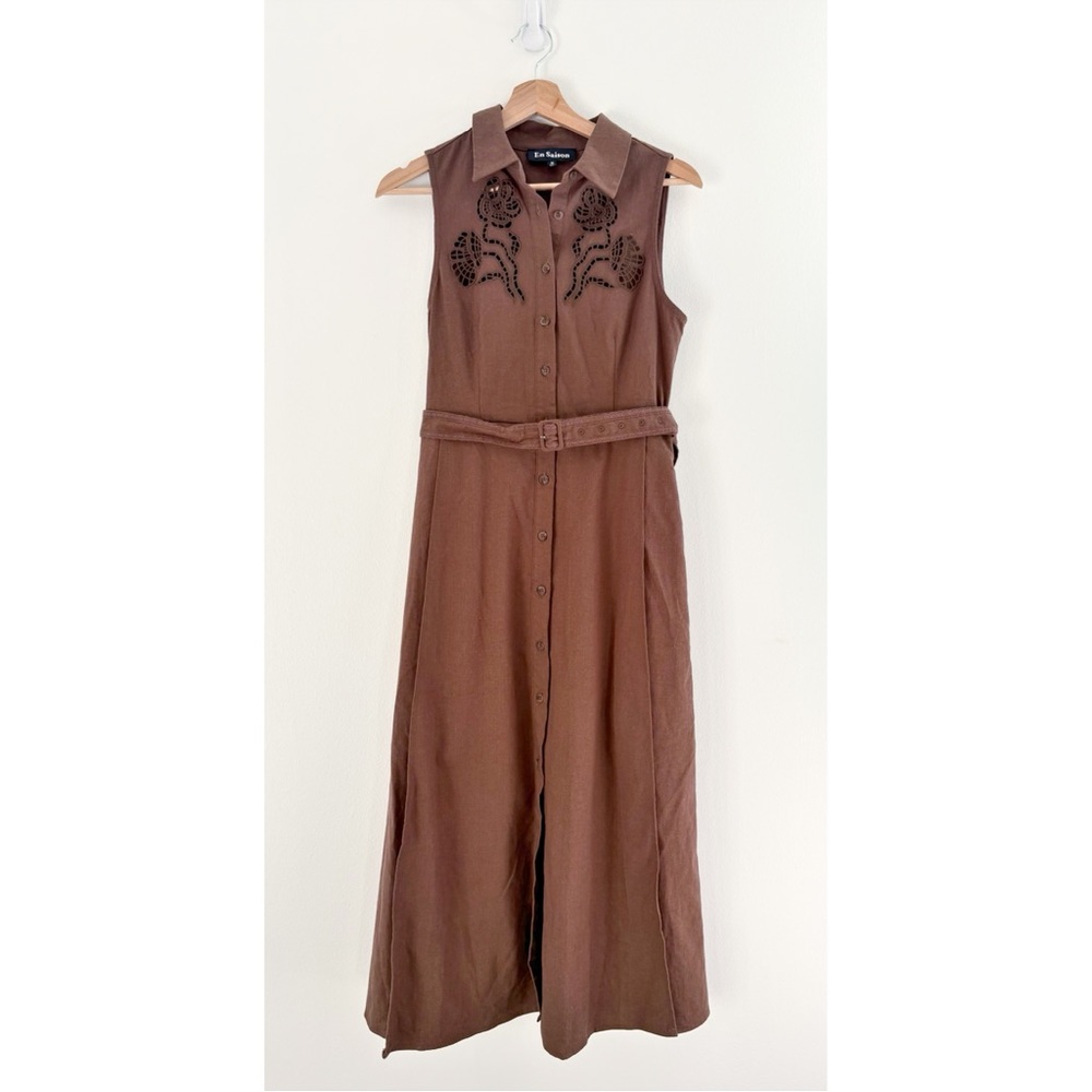 Tuckernuck || En Saison Megumi‎ Linen Blend Midi Shirt Dress Belted Brown M - Picture 2 of 10